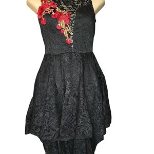 Black Lace Fit-and-Flare Dress with Red Floral Applique Womens Carolina US Black